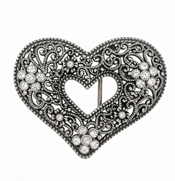 Vintage Filigree Heart Belt Buckle with Crystals – Western Cowboy Style
