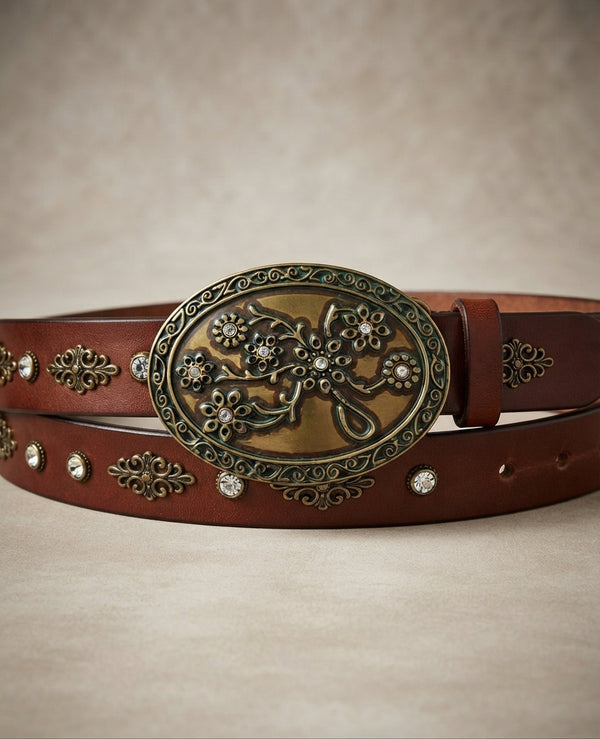 Antiqued Brass Floral Cross Rhinestone Western Belt Buckle for Women