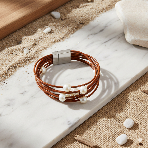Brown leather bracelet with pearls on a marble surface with sand and shells.