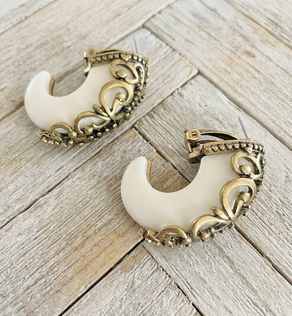 Vintage Beige Hoop Earrings – Gold-Tone Filigree Statement Jewelry