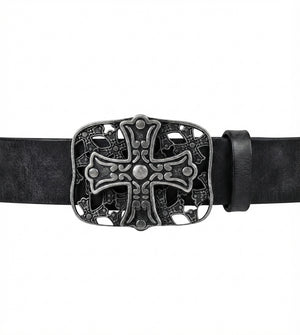 A black leather belt with a large, ornate gothic-style cross buckle in an antiqued silver finish, shown against a plain white background.