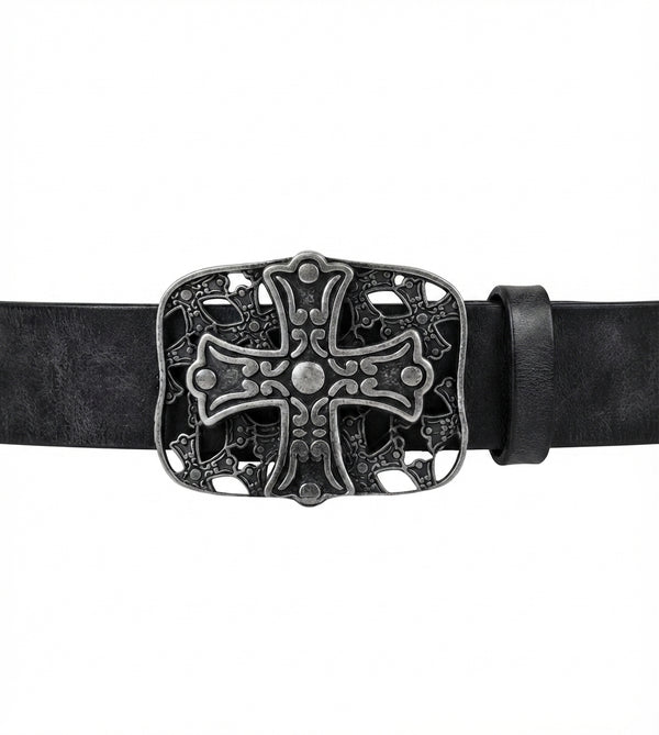 A black leather belt with a large, ornate gothic-style cross buckle in an antiqued silver finish, shown against a plain white background.