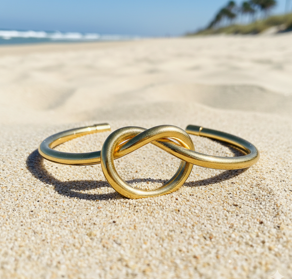 Gold bracelet with interlocking rings on a sandy beach