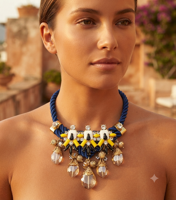 A woman wearing a chunky statement necklace with blue braided cord, white and yellow geometric beads, and clear faceted crystal drops, photographed outdoors with a warm blurred background.