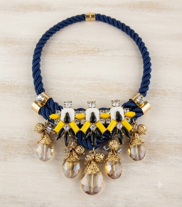 A statement bib-style necklace featuring a thick navy blue braided cord, gold-tone metal accents, white and yellow fabric panels, and dangling clear faceted crystal beads, displayed on a light wood background.