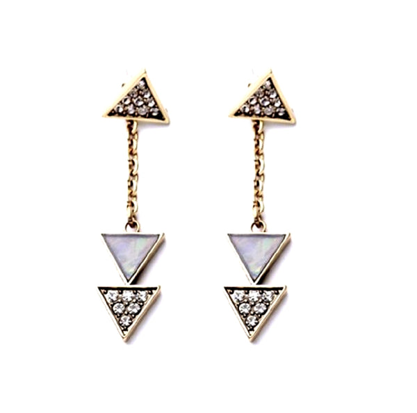 Pair of triangle-shaped earrings with gemstones on a white background