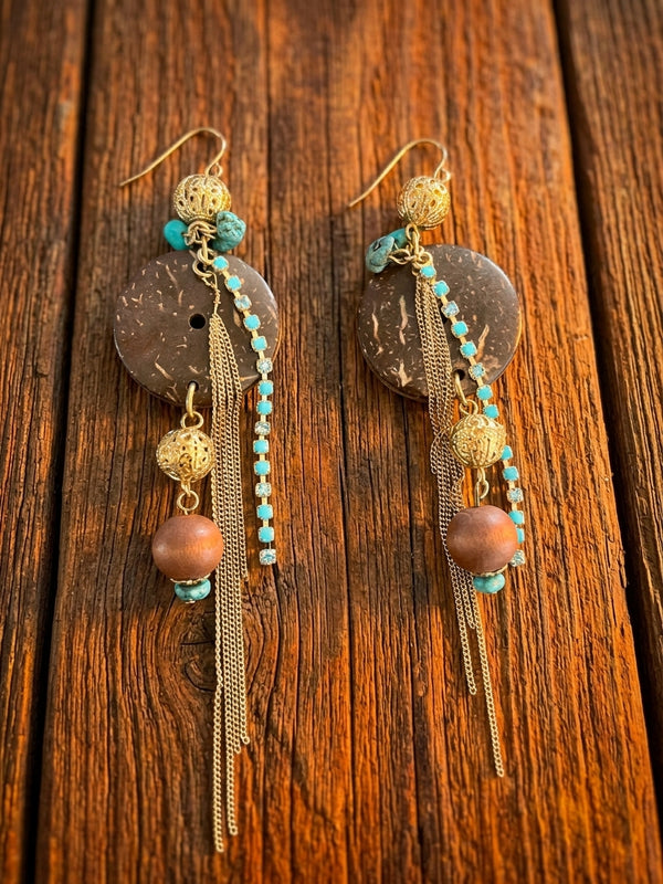 Boucles d'oreilles pendantes bleue + dorées