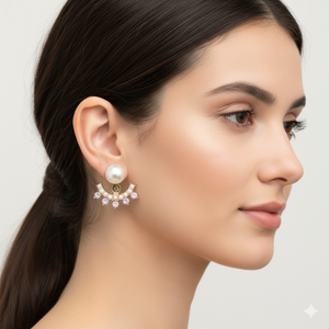 Woman wearing a pearl earring with a neutral background