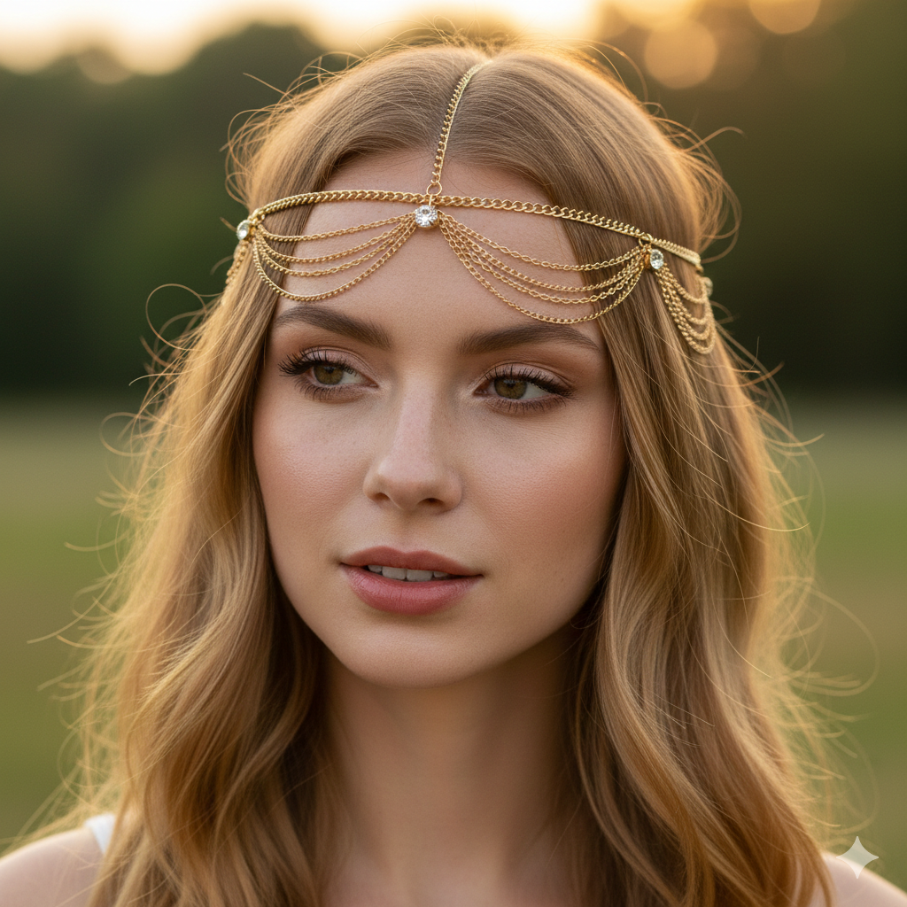 Head Chain W Shell Boho gold rhinestone head chain uniklook – Uniklook