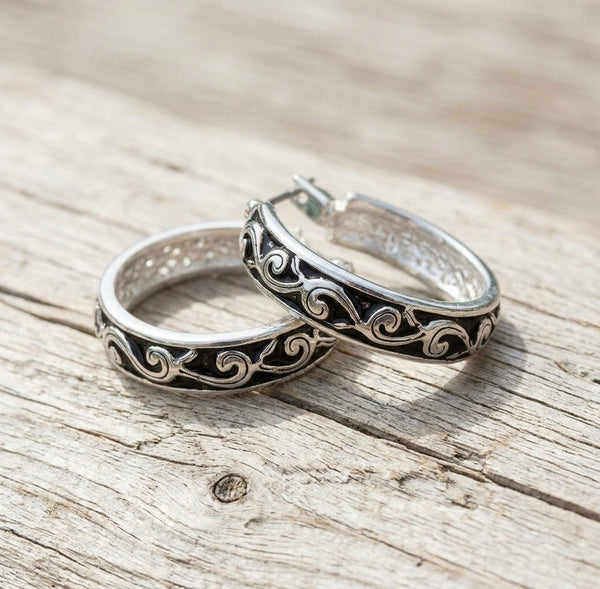 Silver Plated Black Filigree Hoop Earrings – 3/4" Vintage Style