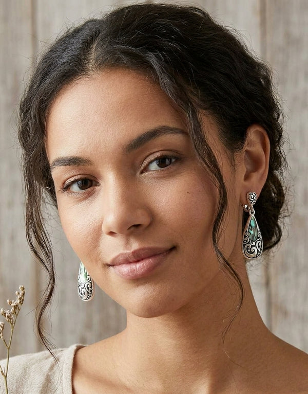 Vintage Silver Filigree Abalone Shell Teardrop Dangle Earrings