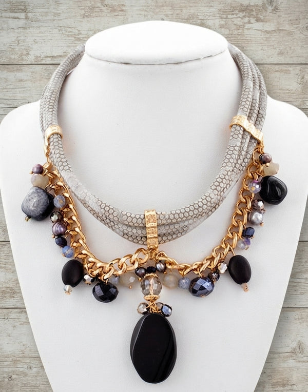 Victorian Vibe Statement Grey & Gold Faux Leather Choker Necklace