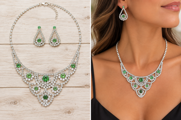 Green crystal necklace and earrings on pale wood and worn by a model