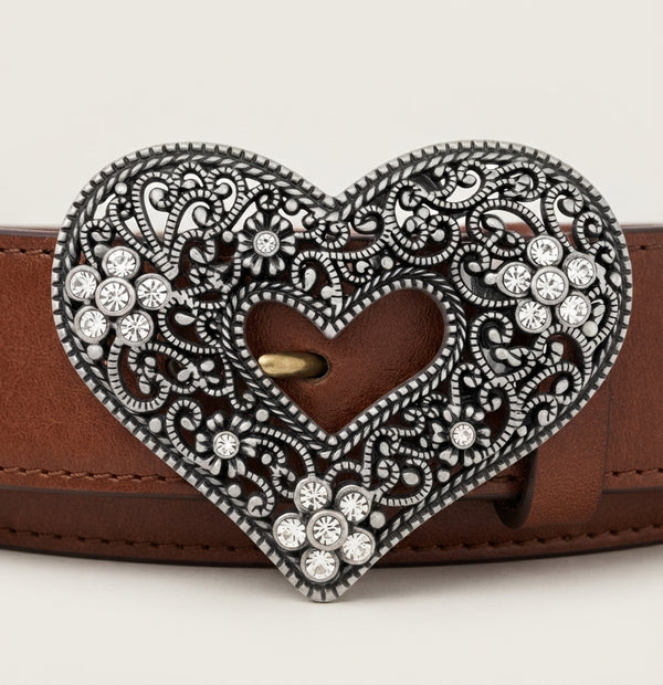 Vintage Filigree Heart Belt Buckle with Crystals – Western Cowboy Style on a brown belt