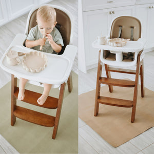 Uniklook hunter green and tan vegan leather mat showing use under high chair