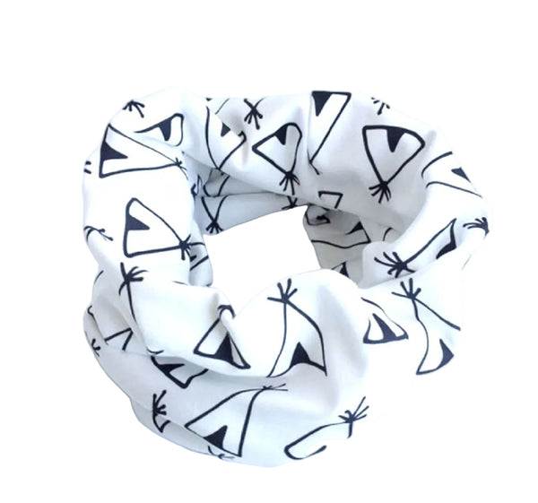 White snood with black abstract pattern on a white background