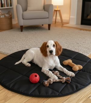 Dog lying on a black mat with toys in a cozy living room.