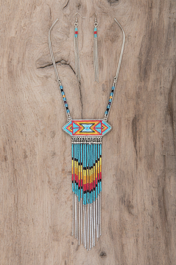 Statement Fringe Aztec Necklace Earrings set