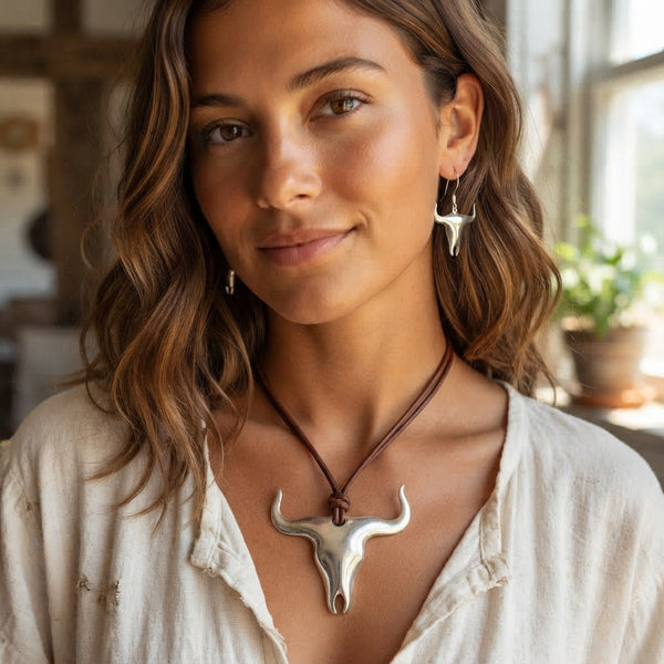 Silver Longhorn Boho Pendant or Pin  & Earring Set