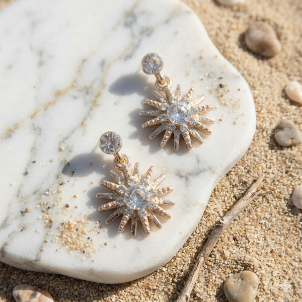 Gold sunburst earrings with clear stones on a marble surface with sand and pebbles.