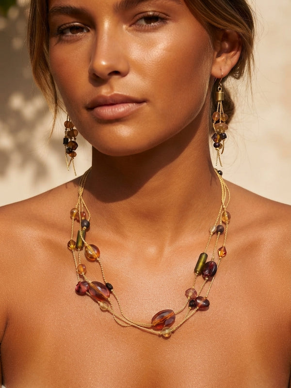 Amber Mixed-Bead Layered Chain Necklace & Earring Set