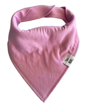 Pink bandana bib with a brand tag on a white background