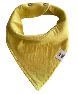 Yellow baby bib with a brand label on a white background