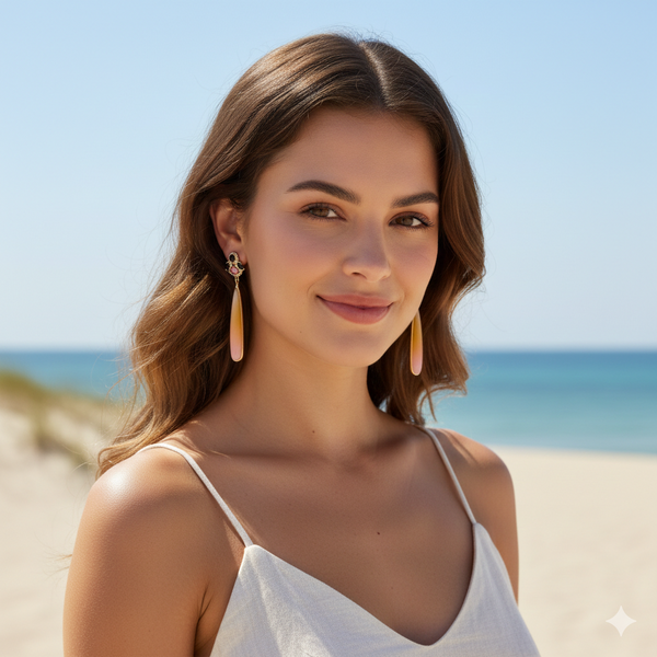 Boucles d'oreilles pendantes rose + dorées