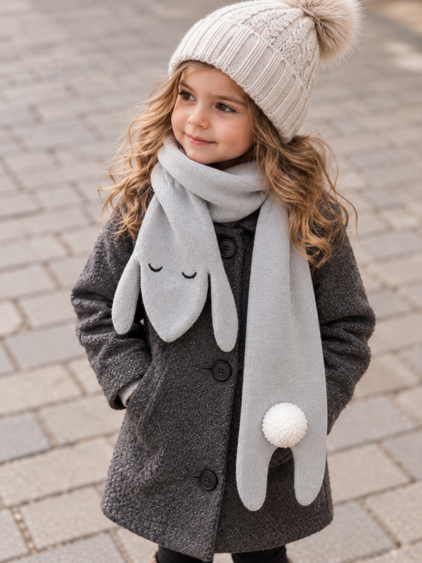 Child wearing light grey bunny scarf
