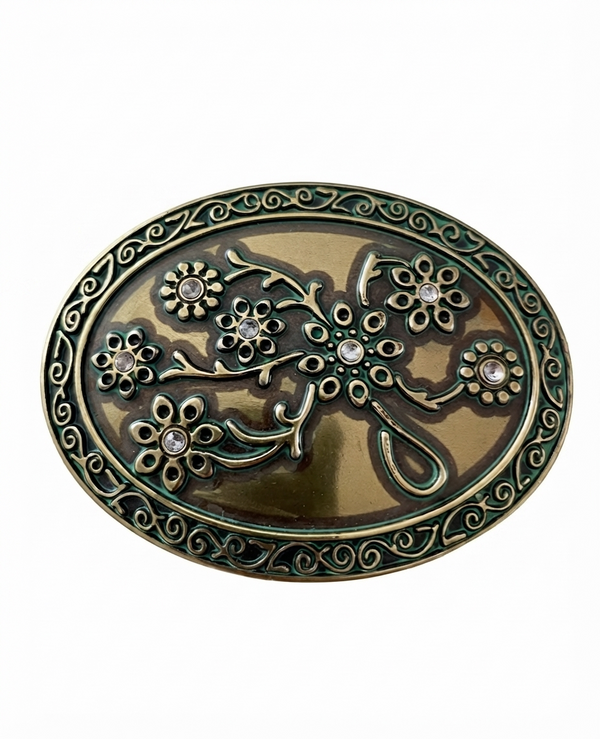 Antiqued Brass Floral Cross Rhinestone Western Belt Buckle for Women