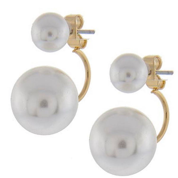 Original double pearl gold-tone ear jacket earrings showing front stud and curved J-shaped back