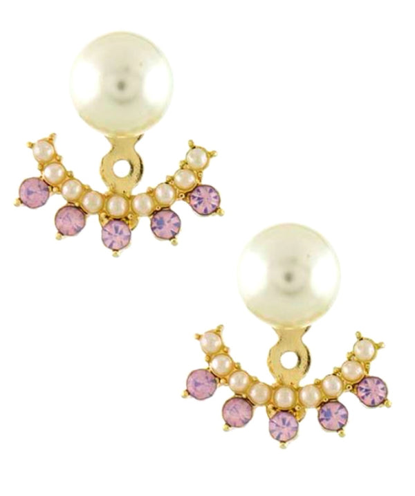 Pair of earrings with pearls and pink gemstones on a white background