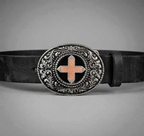Silver Cut-Out Floral Pink Cross Western Belt Buckle Unisex