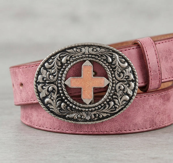 Silver Cut-Out Floral Pink Cross Western Belt Buckle Unisex