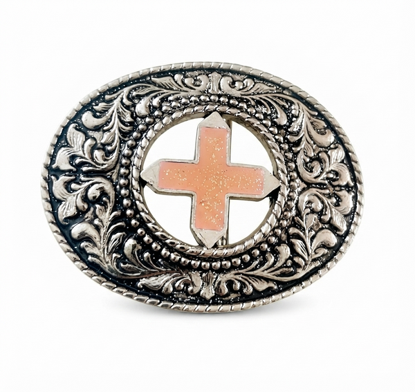 Silver Cut-Out Floral Pink Cross Western Belt Buckle Unisex