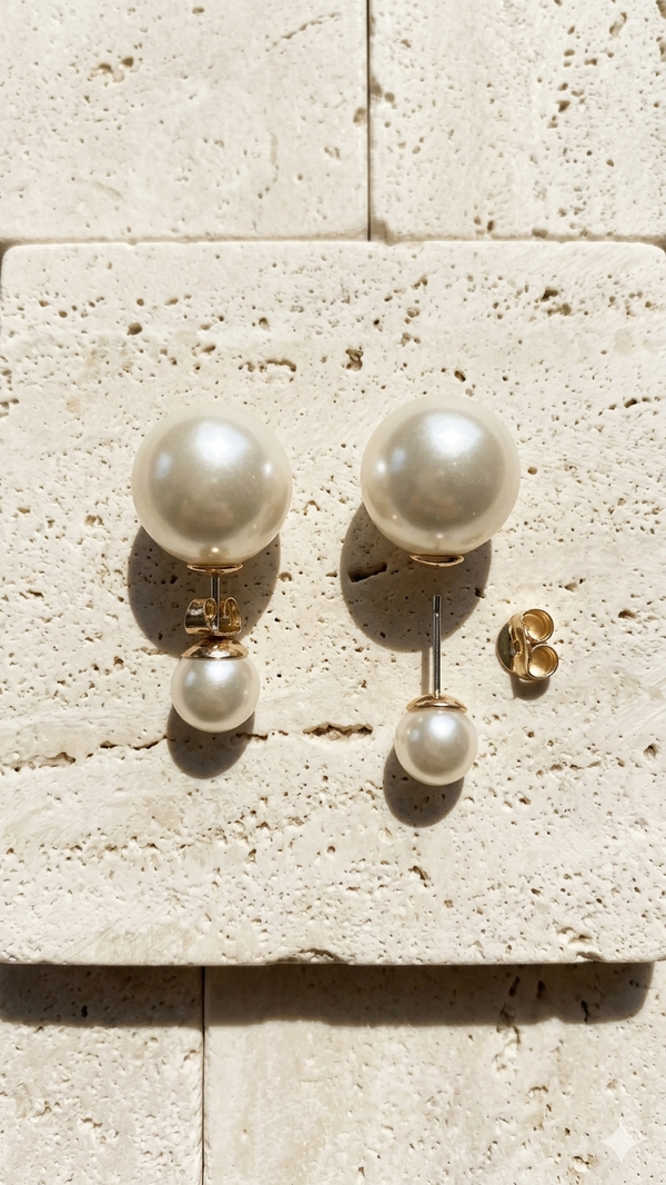 Pair of pearl earrings on a textured stone surface