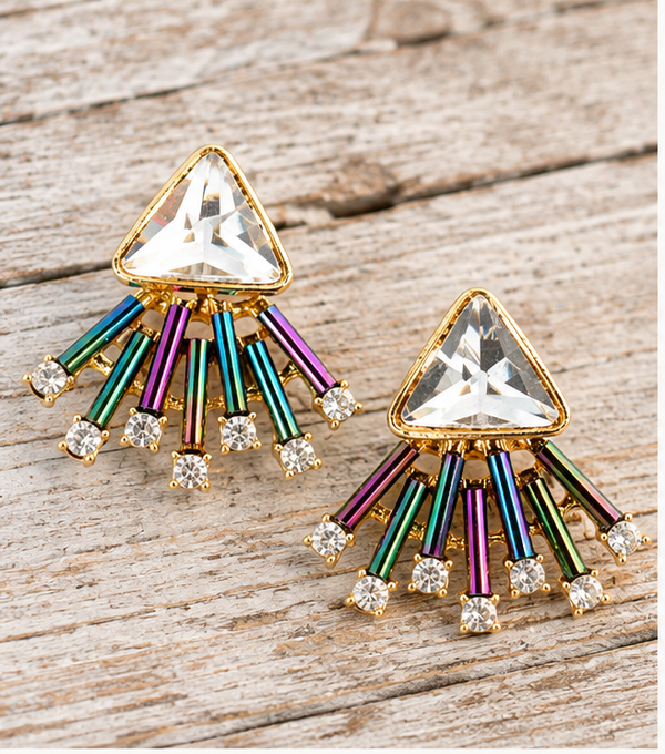 Rainbow crystal fan stud earrings on pale barn wood