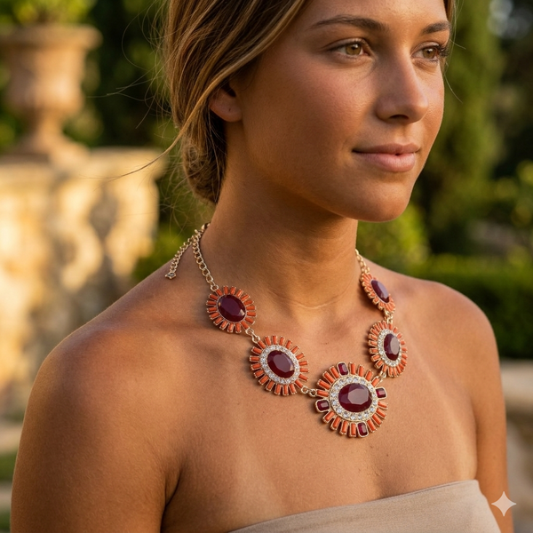 Red Sunburst Pendant Gold Statement Necklace