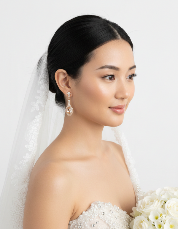 Woman in a wedding dress with a veil and earrings, holding flowers on a white background