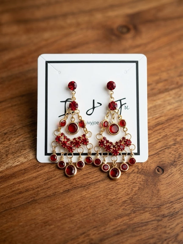 Original ruby red rhinestone gold-tone chandelier earrings