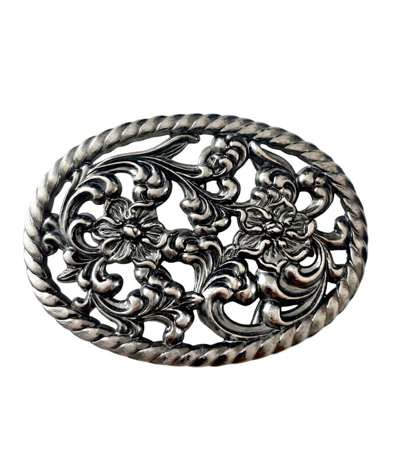 Antiqued Silver Cut-Out Floral Western Belt Buckle for Women