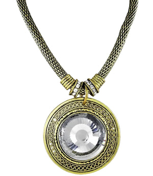 Gold and silver necklace with a large crystal pendant on a white background