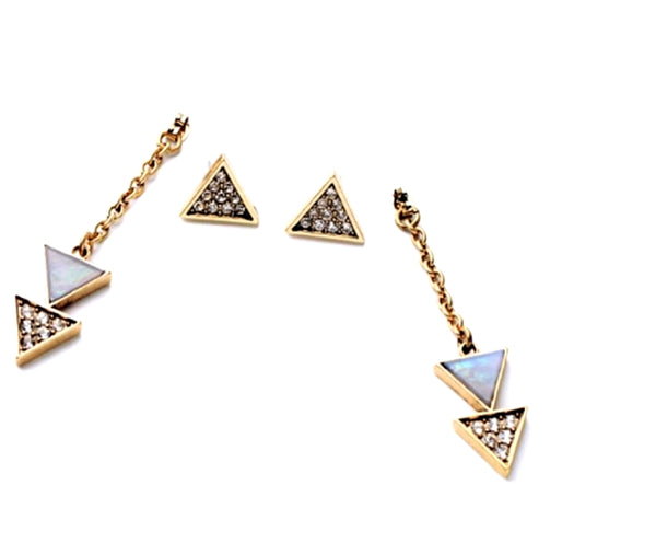 Pair of triangle-shaped earrings with gemstones on a white background