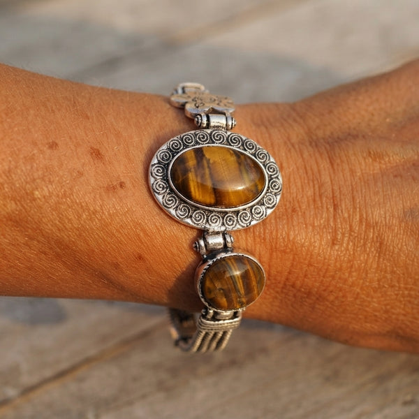 Bohemian Vintage Tiger's Eye Silver Statement Bracelet