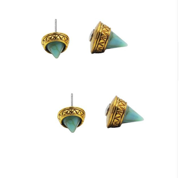 Turquoise and gold earrings on a white background