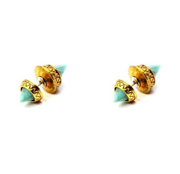 Gold and turquoise spike earrings on a white background