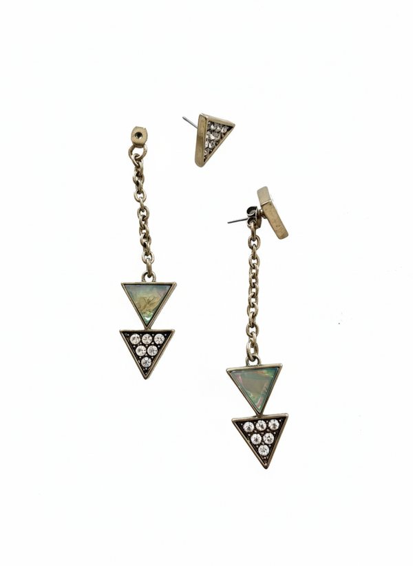 Pair of triangle-shaped earrings with gemstones on a white background