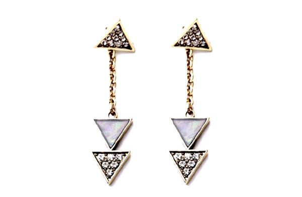 Pair of triangle-shaped earrings with gemstones on a white background