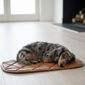 small dog sleeping on an amber vegan leather dog bed