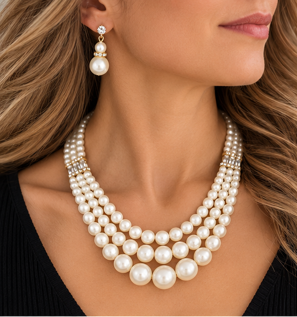 Model wearing cream pearl necklace and earrings